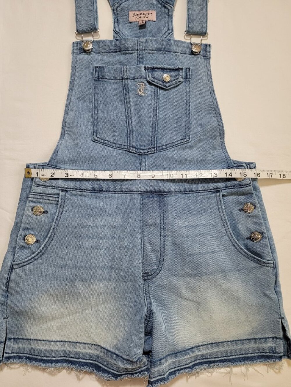 Juicy Couture Y2K Denim Short Overalls Raw Hem Medium Wash Small Streetwear - Picture 7 of 11